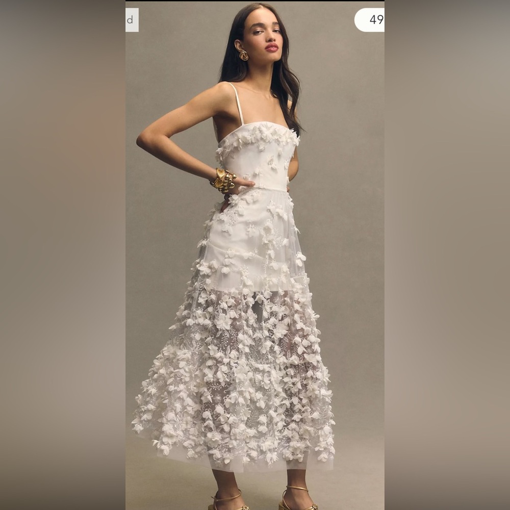 NWT!! White Spaghetti Strap Gown with Floral Appliqués